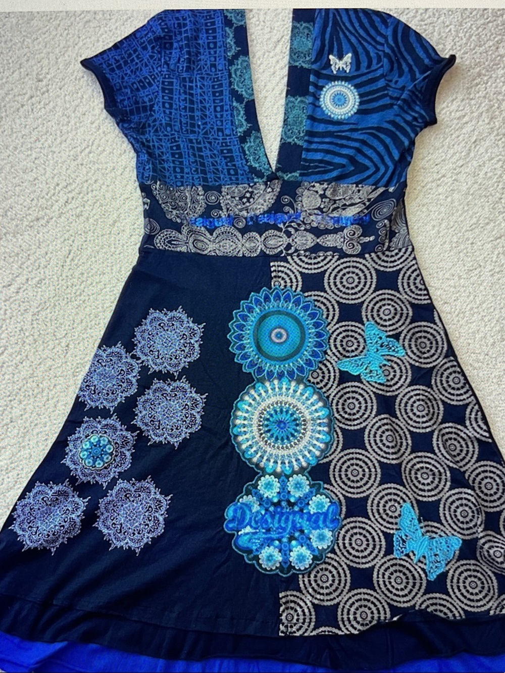 Desigual Blue Patchwork Boho V-Neck Dress with graphic Accents